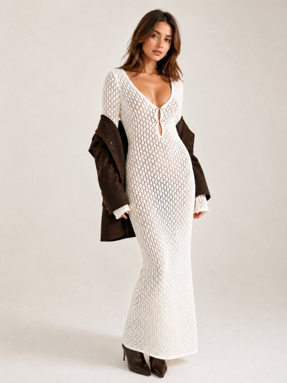 Cream Cover Uo Long Sleeve Open Back Dress